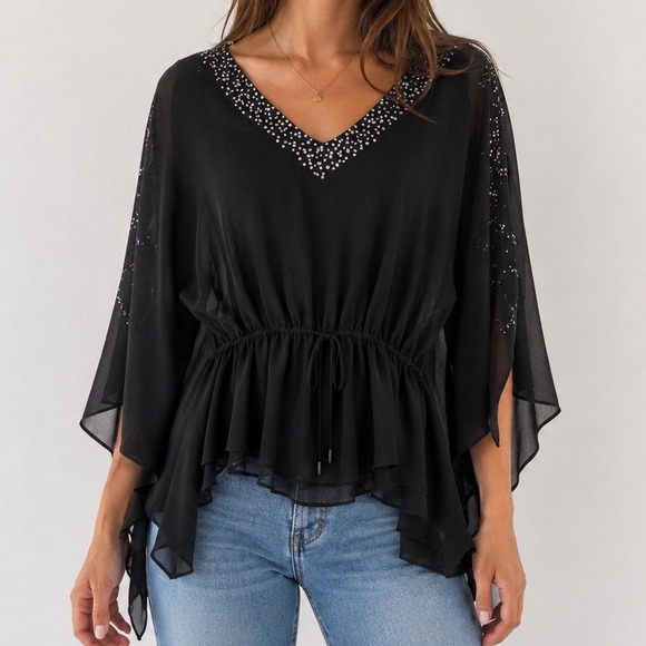 Umgee Tops - Vintage Umgee USA Black Sequin Sheer Poncho Blouse Small Boho Evening Y2K Top‎